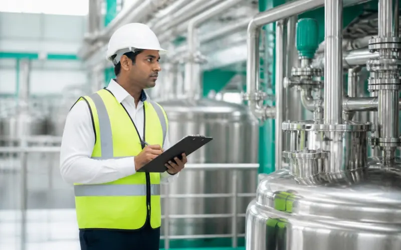 Quality inspector in a hard hat checking equipment in a factory