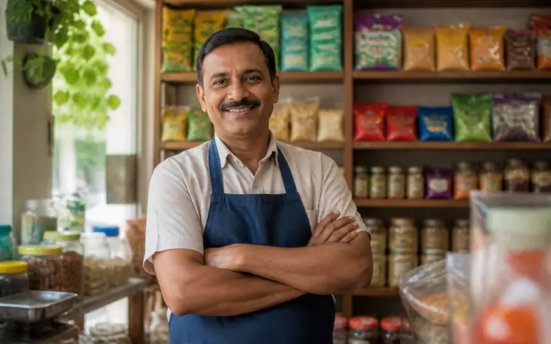 Smiling shop owner standing in his neighbourhood provision store